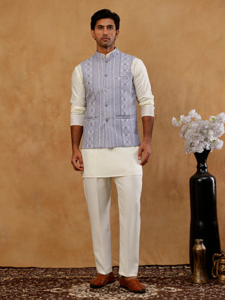 Men's Cotton Blend Embroidered Nehru Jacket with Kurta & Pyjama Set