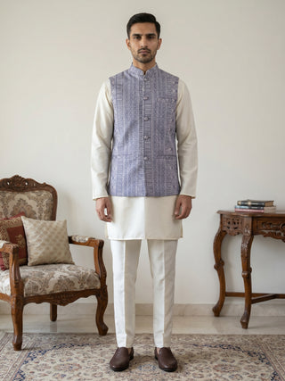 Men's Cotton Blend Embroidered Nehru Jacket with Kurta & Pyjama Set