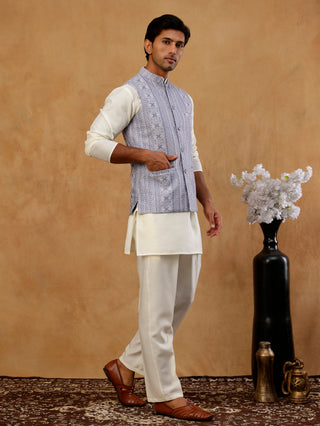 Men's Cotton Blend Embroidered Nehru Jacket with Kurta & Pyjama Set