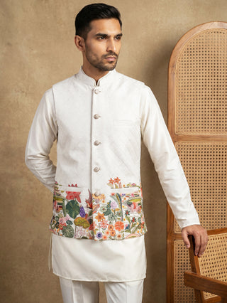 Floral Printed Silk Blend Nehru Jacket Kurta Set