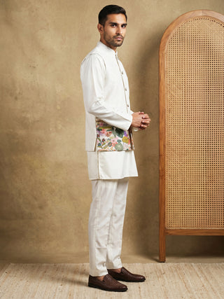 Floral Printed Silk Blend Nehru Jacket Kurta Set