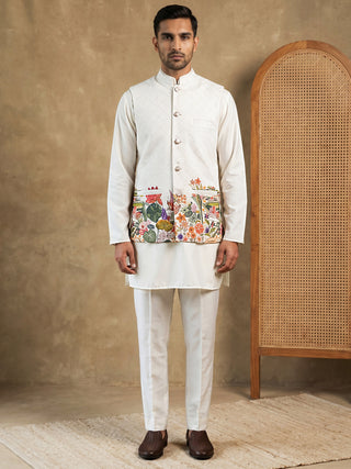 Floral Printed Silk Blend Nehru Jacket Kurta Set