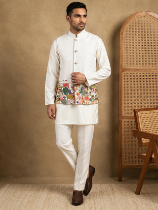 Floral Printed Silk Blend Nehru Jacket Kurta Set