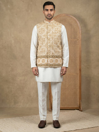 Silk Blend Embroidered Floral Nehru Jacket Kurta Set