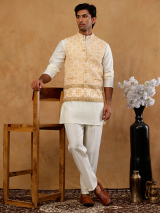 Silk Blend Embroidered Floral Nehru Jacket Kurta Set
