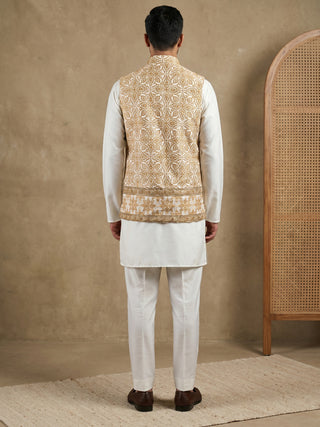 Silk Blend Embroidered Floral Nehru Jacket Kurta Set