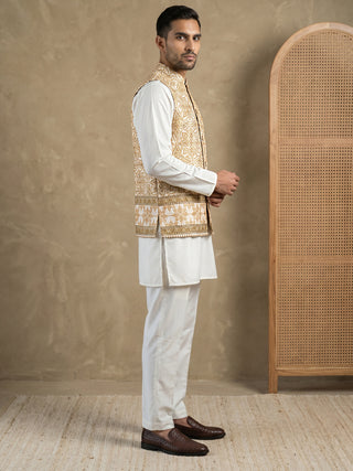 Silk Blend Embroidered Floral Nehru Jacket Kurta Set