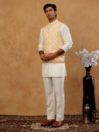 Silk Blend Embroidered Floral Nehru Jacket Kurta Set