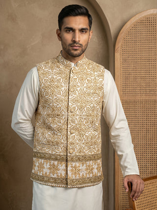 Silk Blend Embroidered Floral Nehru Jacket Kurta Set