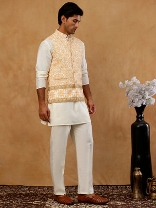 Silk Blend Embroidered Floral Nehru Jacket Kurta Set
