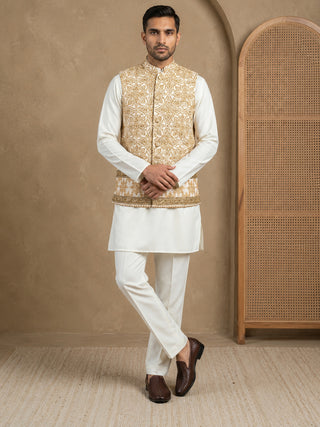 Silk Blend Embroidered Floral Nehru Jacket Kurta Set
