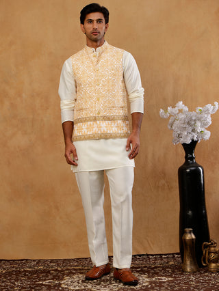 Silk Blend Embroidered Floral Nehru Jacket Kurta Set