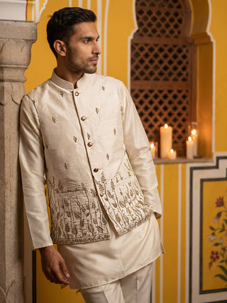 Embroidered Nehru Jacket With Kurta Pyjama Set