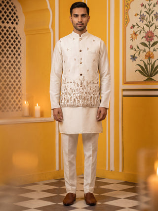 Embroidered Nehru Jacket With Kurta Pyjama Set