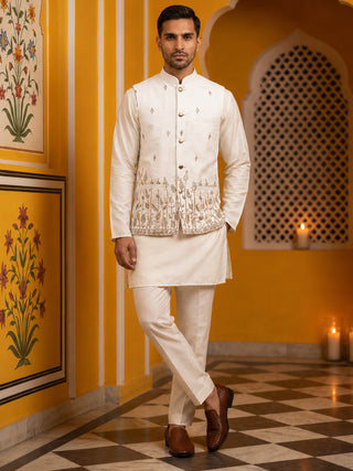 Embroidered Nehru Jacket With Kurta Pyjama Set