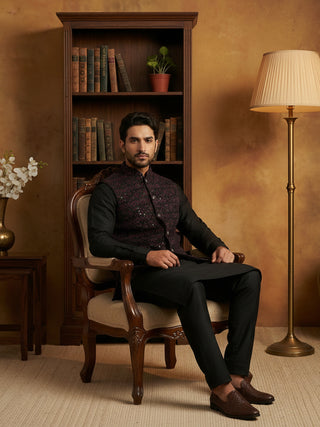 Men's Velvet Nehru Jacket With Solid Kurta Pyjama.