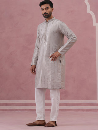 Traditional Silk-Blend Silver Kurta Pyjama for Men