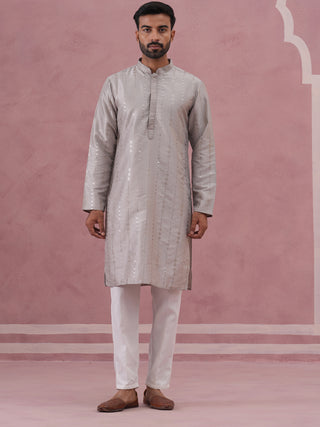 Traditional Silk-Blend Silver Kurta Pyjama for Men