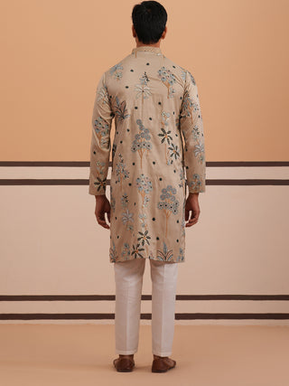 Botanical Embroidered Cotton Blend Kurta Set for Men