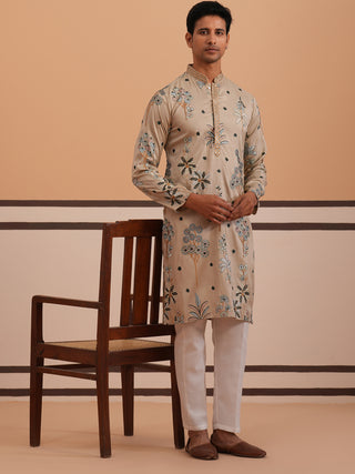 Botanical Embroidered Cotton Blend Kurta Set for Men