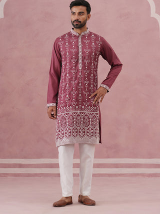 Festive Silk Blend Kurta Pyjama with Sequins Work
