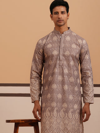 Embroidered Cotton-Blend Kurta Pyjama with Paisley Design