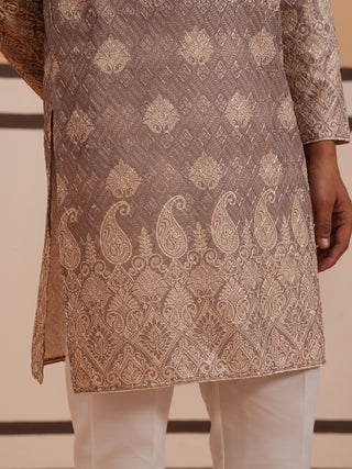 Embroidered Cotton-Blend Kurta Pyjama with Paisley Design