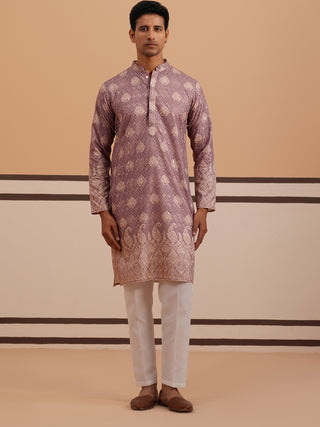 Embroidered Cotton-Blend Kurta Pyjama with Paisley Design
