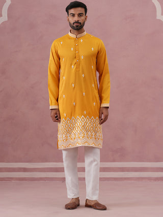 Traditional Silk-Blend Kurta Pyjama with Embroidery