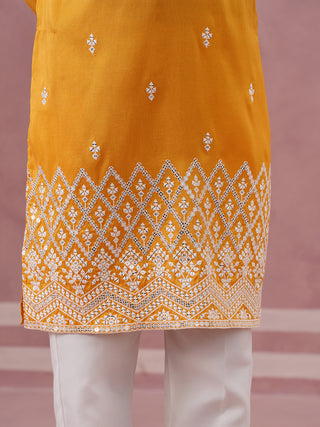 Traditional Silk-Blend Kurta Pyjama with Embroidery