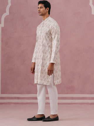 Peach Geometric Print & Sequin Kurta Set