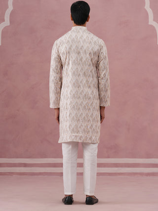 Peach Geometric Print & Sequin Kurta Set