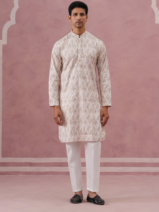 Peach Geometric Print & Sequin Kurta Set