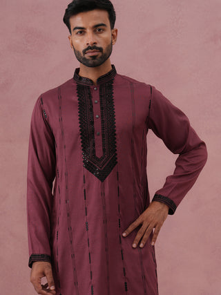 Wine Silk Blend Kurta Set with Black Geometric Embroidery