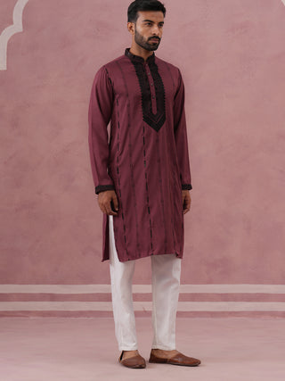 Wine Silk Blend Kurta Set with Black Geometric Embroidery