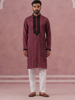 Wine Silk Blend Kurta Set with Black Geometric Embroidery