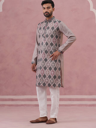 Grey Silk Blend Geometric Embroidered Kurta Set