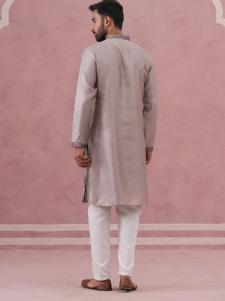 Grey Silk Blend Geometric Embroidered Kurta Set
