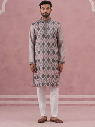 Grey Silk Blend Geometric Embroidered Kurta Set