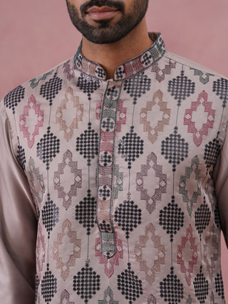 Grey Silk Blend Geometric Embroidered Kurta Set