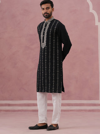 Black Silk Blend Kurta Set with Off White Geometric Embroidery