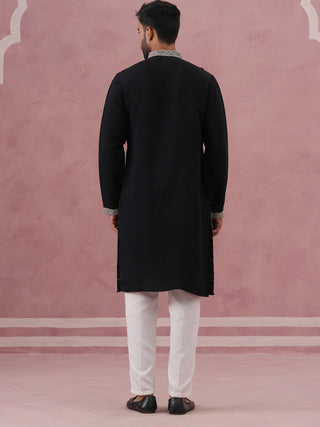 Black Silk Blend Kurta Set with Off White Geometric Embroidery