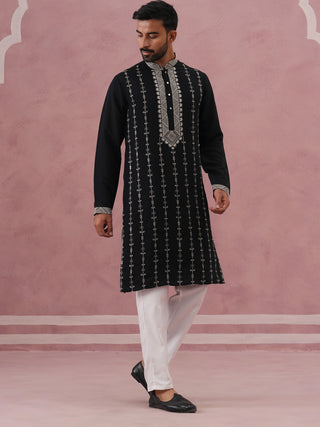 Black Silk Blend Kurta Set with Off White Geometric Embroidery