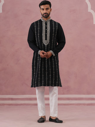Black Silk Blend Kurta Set with Off White Geometric Embroidery