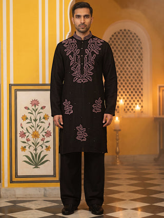 Black Silk Blend Embroidered Kurta With Korean Pants