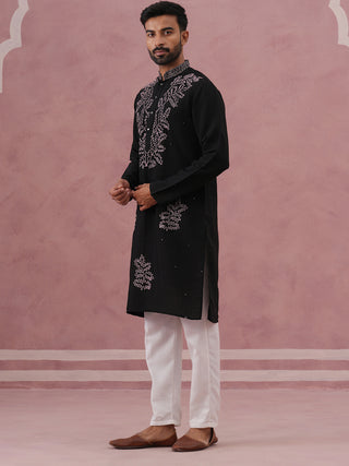 Black Silk Blend Embroidered Kurta Pyjama Set