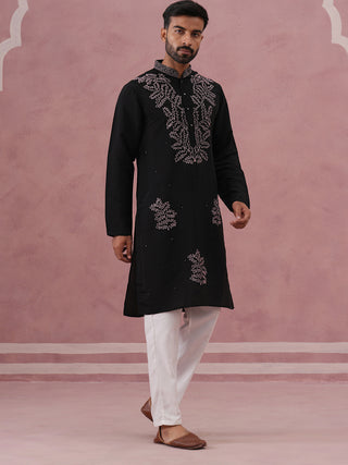 Black Silk Blend Embroidered Kurta Pyjama Set