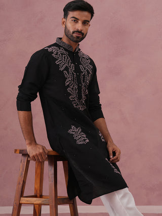 Black Silk Blend Embroidered Kurta Pyjama Set