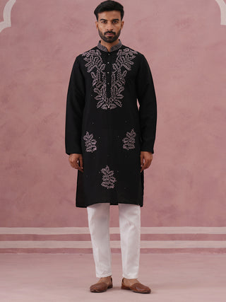 Black Silk Blend Embroidered Kurta Pyjama Set