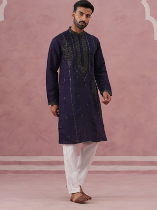 Navy Blue Silk Blend Embroidered Kurta Pyjama Set